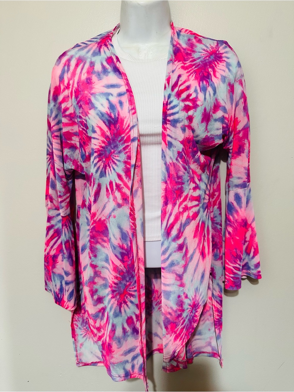 Pulse Boutique Pink and Purple Tie‑Dye Mesh Open Cardigan Cover‑Up 